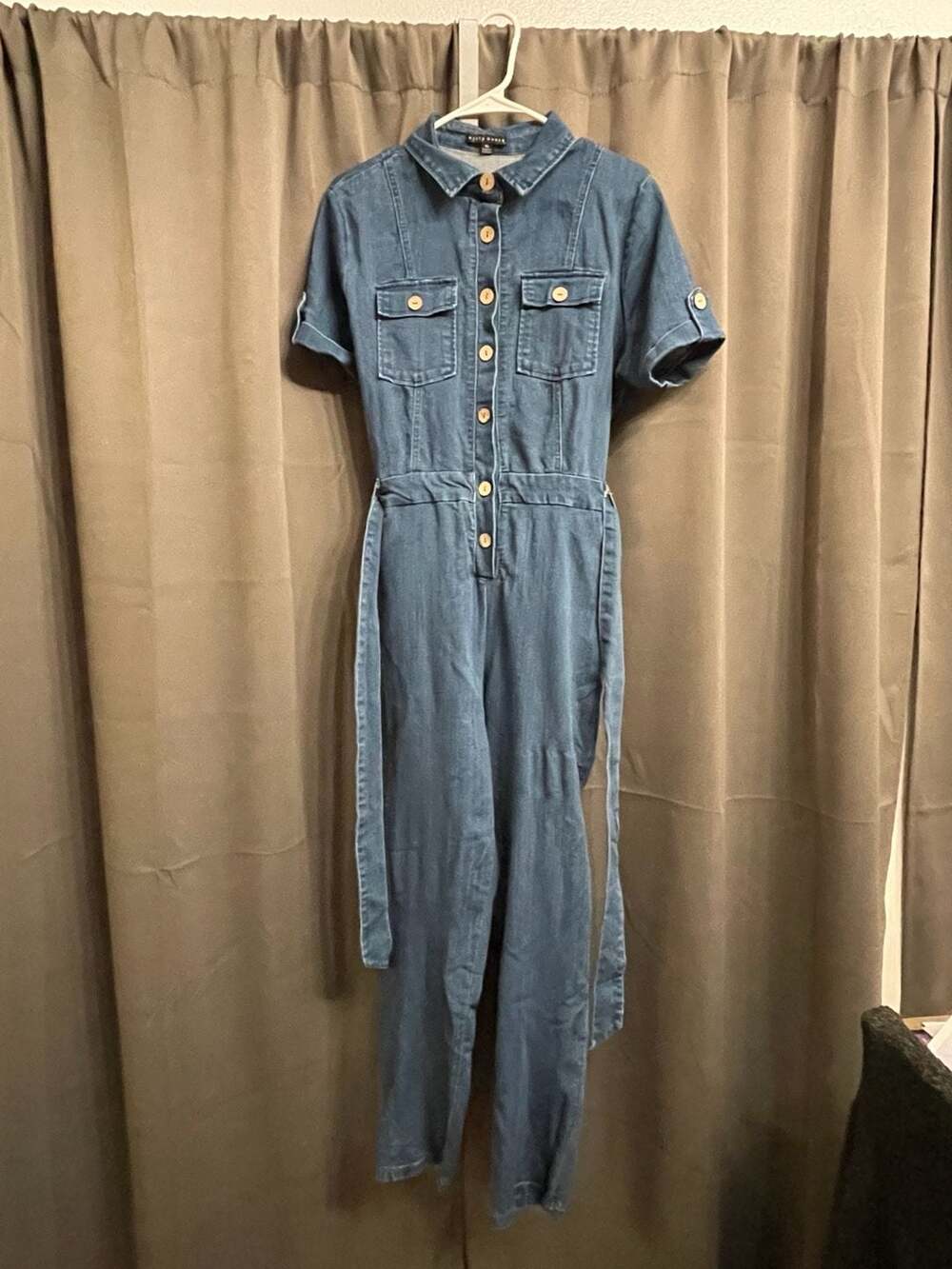 Haute Monde Women's Blue Denim Short Sleeve Belted Jumpsuit Size XL